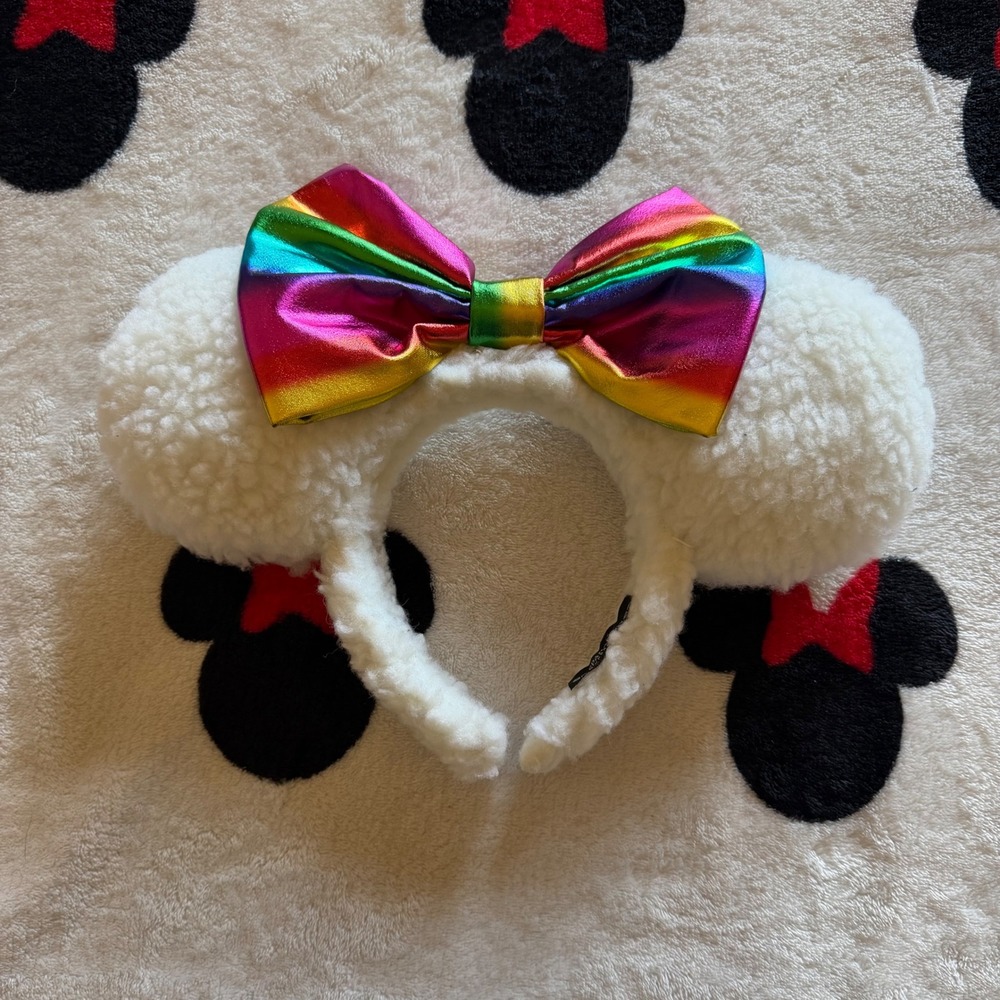 Sparkling Dreamers White Sherpa Mouse Ears Headband Rainbow Bow - AB1566